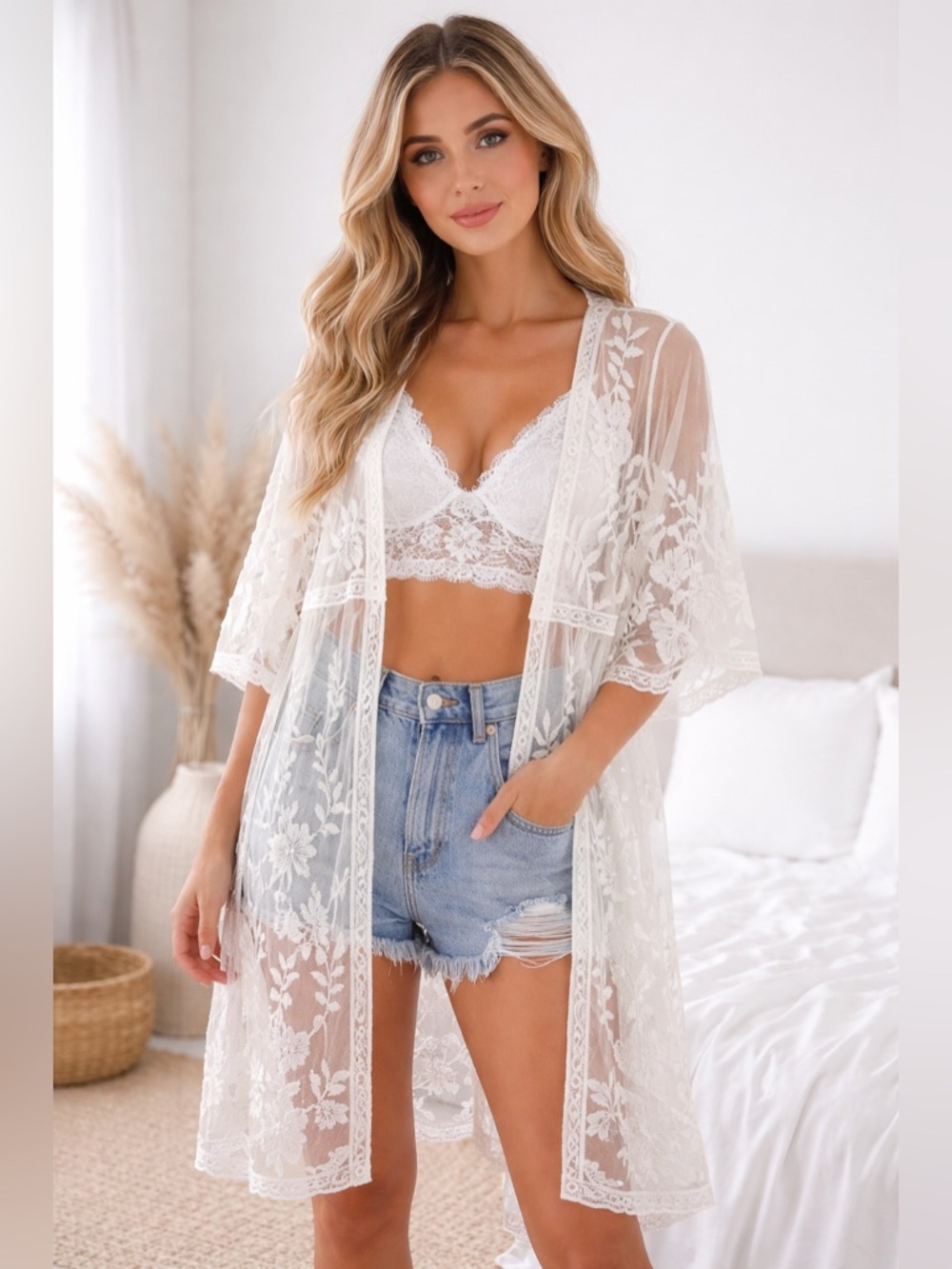 Rachel Zoe White Floral Lace Duster Kimono
